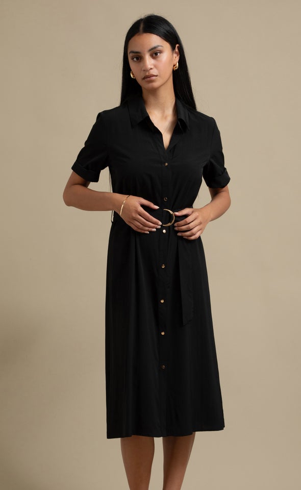 Poplin SS Tie Waist Midi Shirt Dress Black