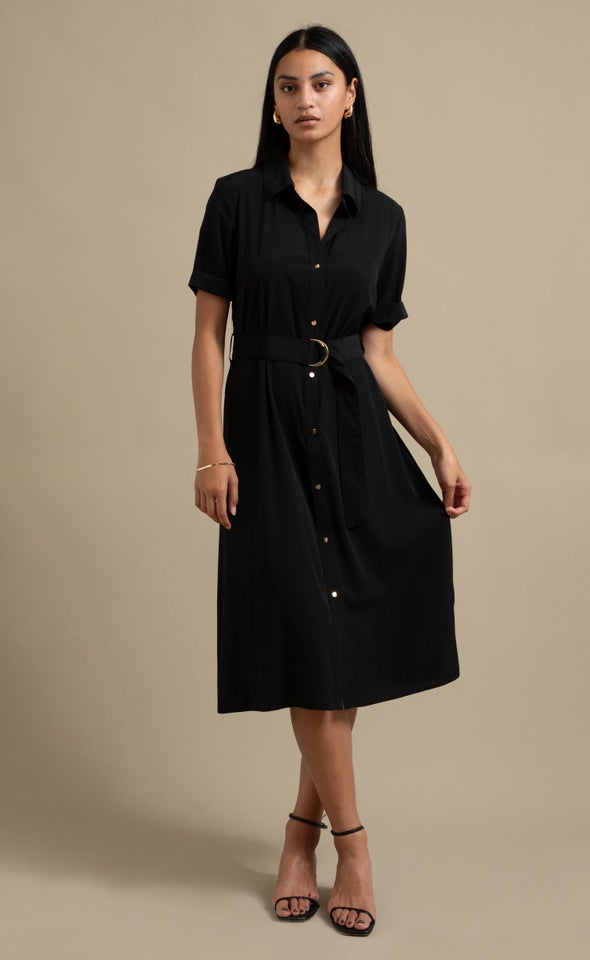 Poplin SS Tie Waist Midi Shirt Dress Black