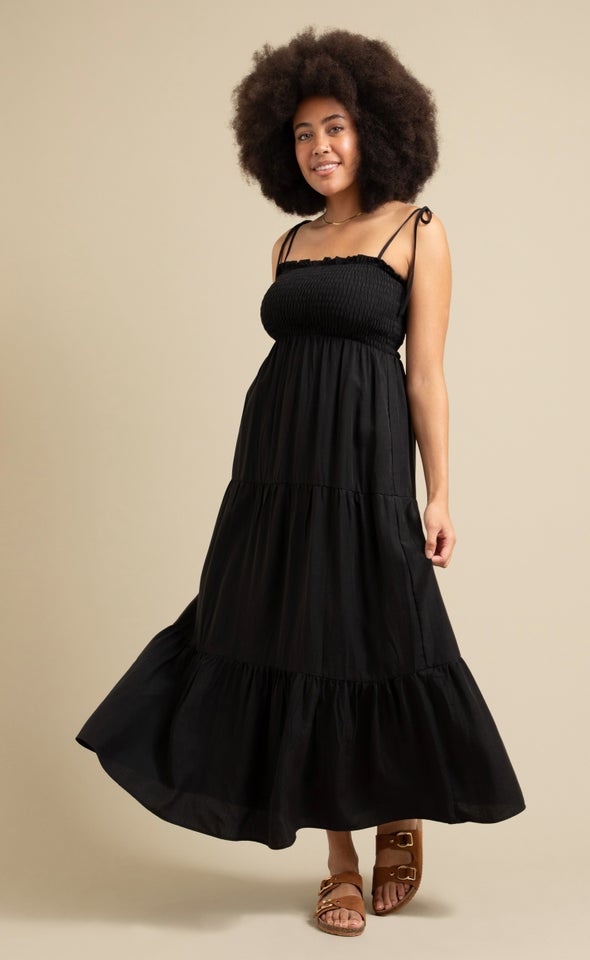 Poplin Tie Shoulder Maxi Black