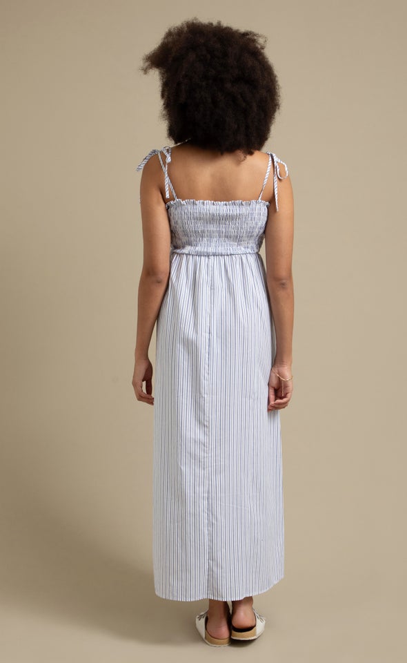 Poplin Tie Shoulder Maxi White/blue