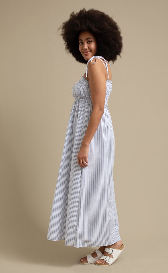 Poplin Tie Shoulder Maxi White/blue