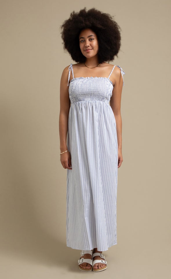 Poplin Tie Shoulder Maxi White/blue