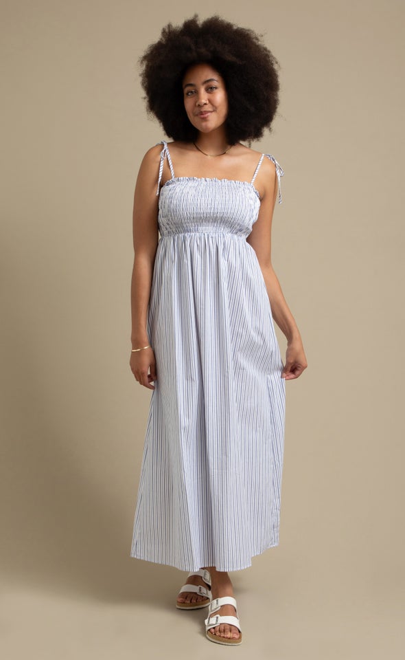 Poplin Tie Shoulder Maxi White/blue