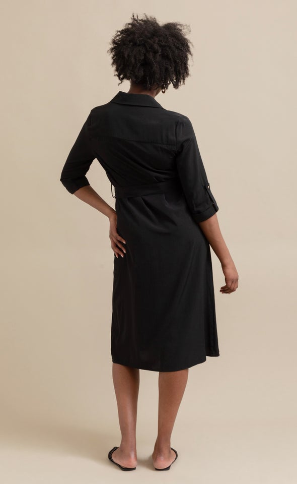 Poplin Tie Waist Midi Shirt Dress Black