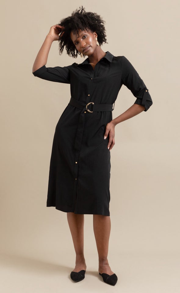 Poplin Tie Waist Midi Shirt Dress Black