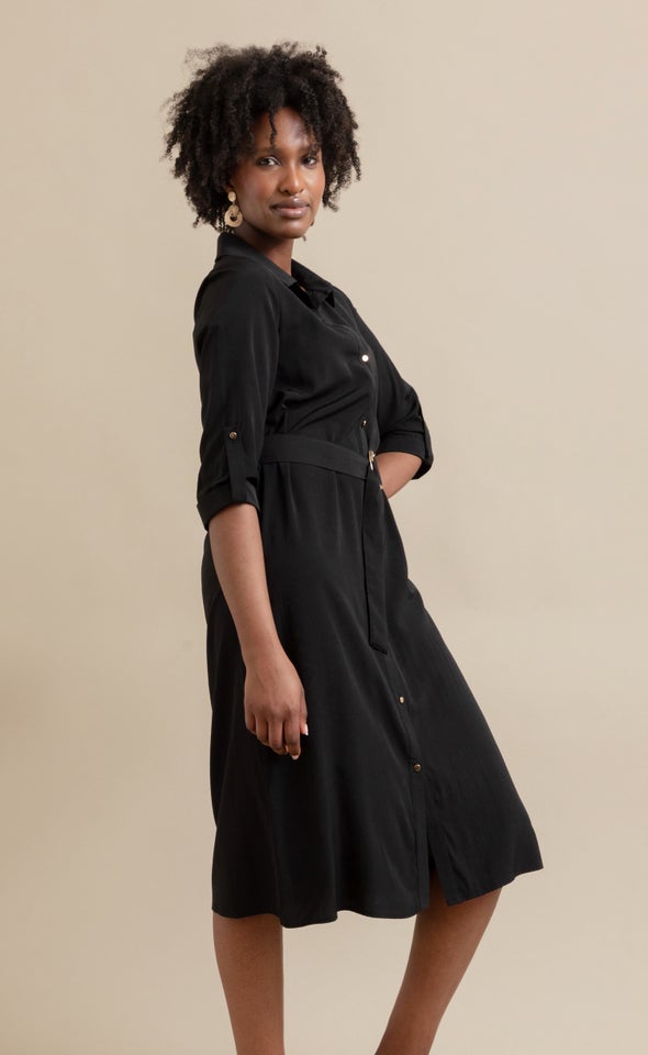 Poplin Tie Waist Midi Shirt Dress Black