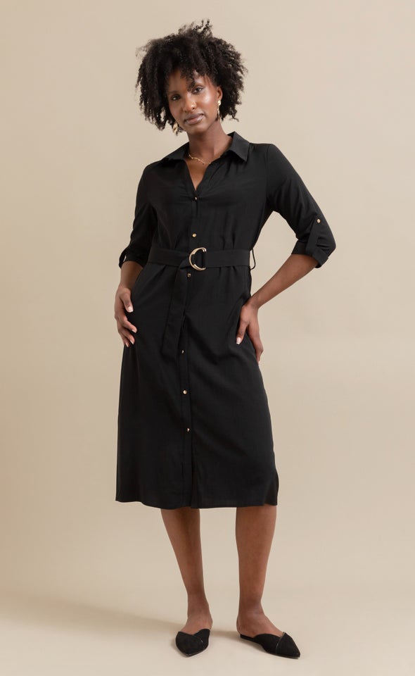 Poplin Tie Waist Midi Shirt Dress Black