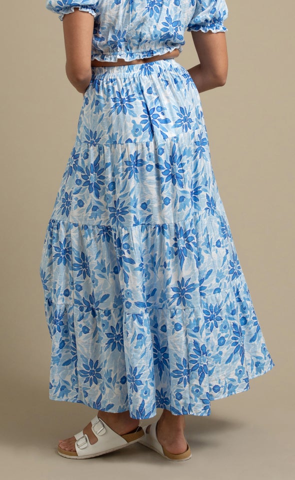 Printed Button Front Maxi Skirt Blue Print