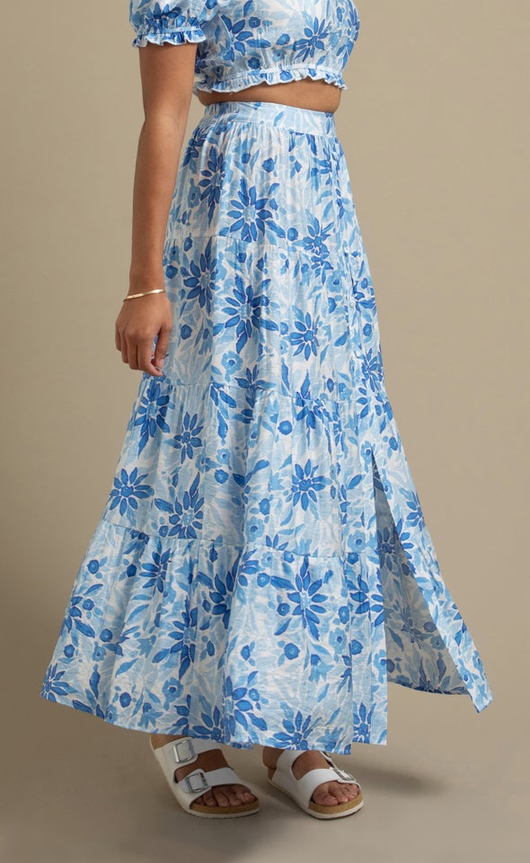 Printed Button Front Maxi Skirt Blue Print