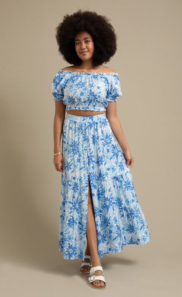 Printed Button Front Maxi Skirt Blue Print