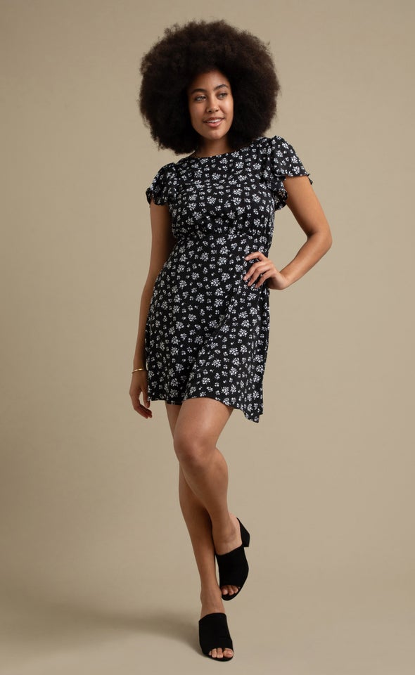 Printed CDC Tie Back Dress Black/white