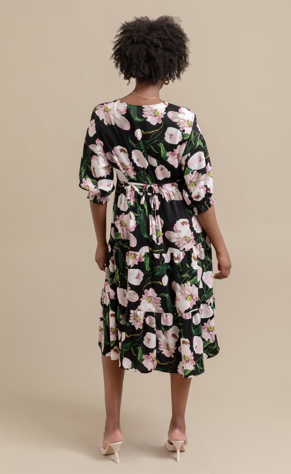 Printed CDC Tier Midi Dress Black/pink Floral