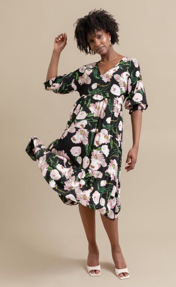 Printed CDC Tier Midi Dress Black/pink Floral