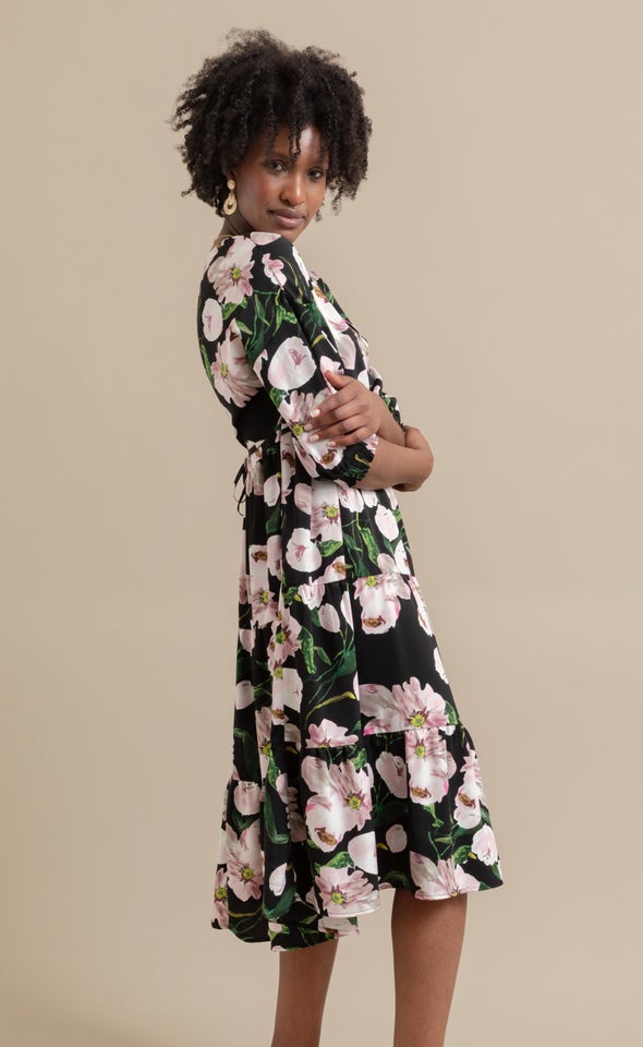 Printed CDC Tier Midi Dress Black/pink Floral