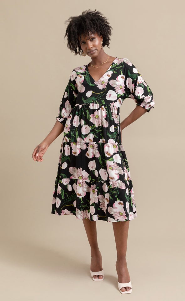 Printed CDC Tier Midi Dress Black/pink Floral