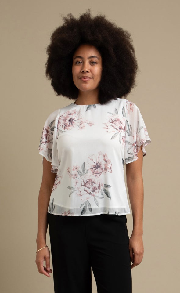 Printed Chiffon Flutter Sleeve Top Cream/floral