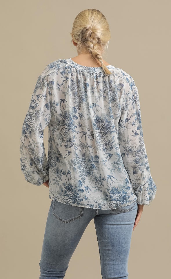 Printed Chiffon Gathered Shirt White/blue Print