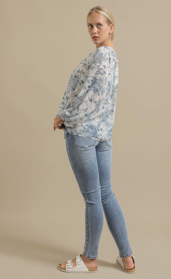 Printed Chiffon Gathered Shirt White/blue Print