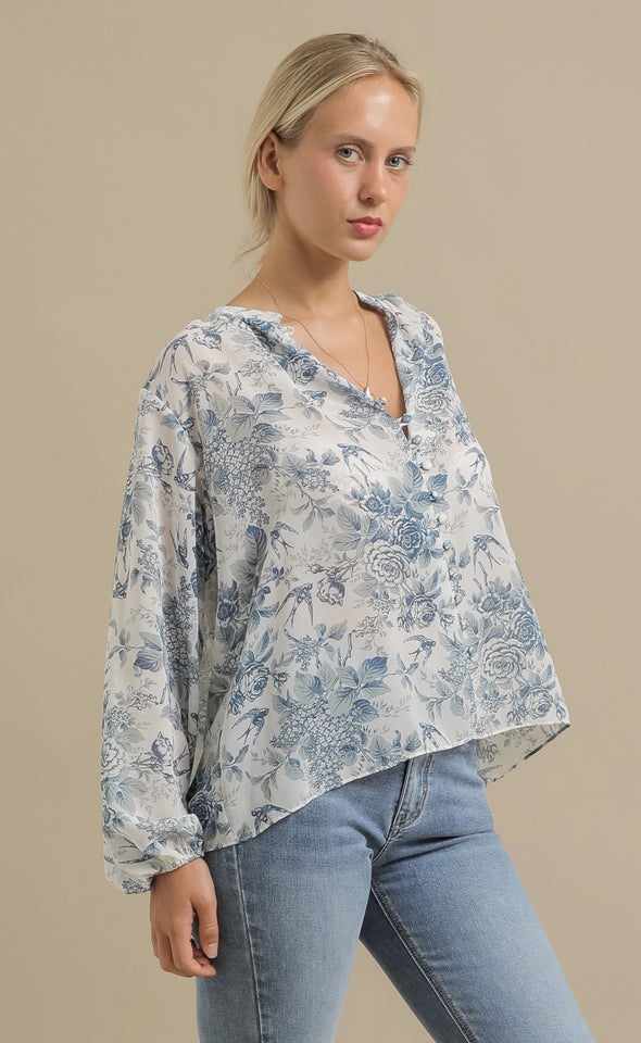 Printed Chiffon Gathered Shirt White/blue Print