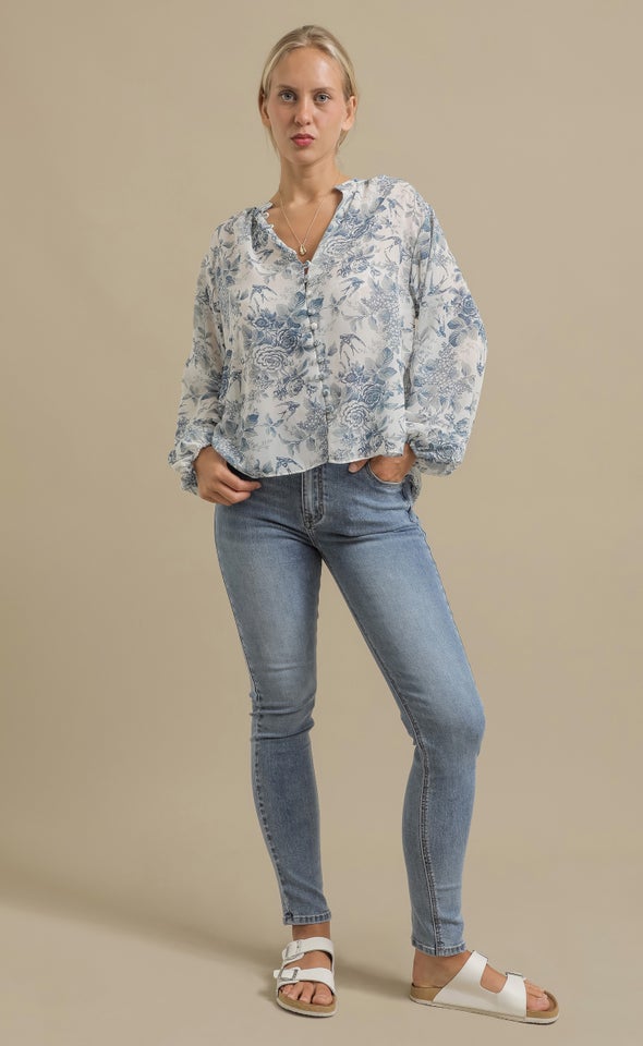 Printed Chiffon Gathered Shirt White/blue Print