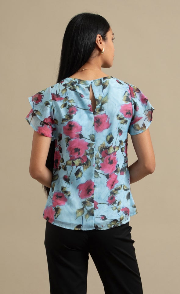 Printed Chiffon Layered Sleeve Top Light Blue / Print