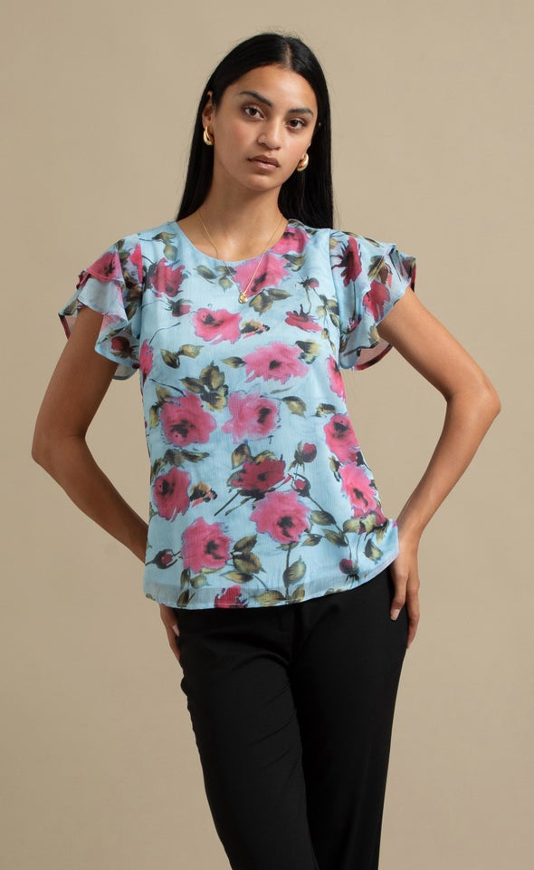 Printed Chiffon Layered Sleeve Top Light Blue / Print