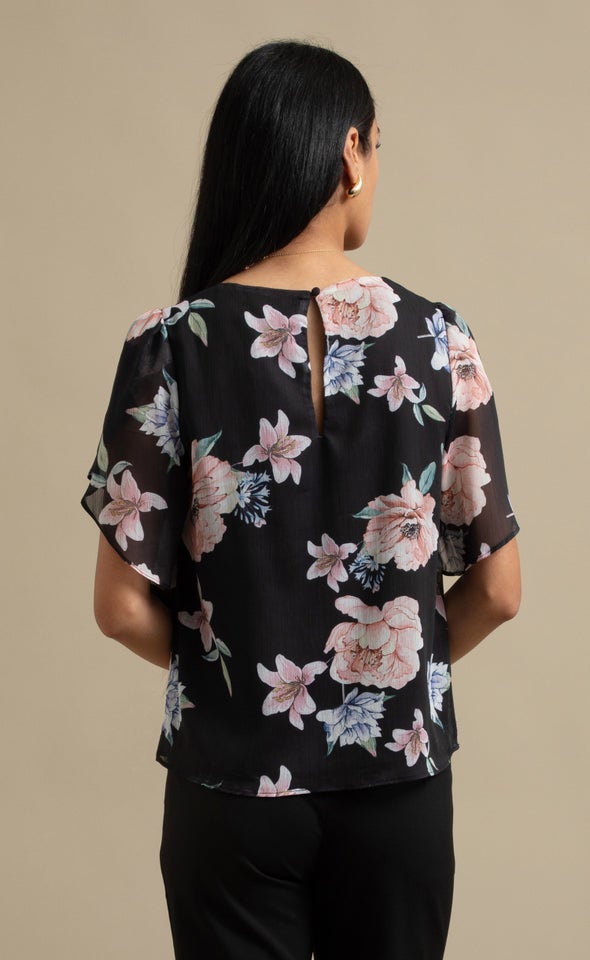 Printed Chiffon Tulip Sleeve Top Black/floral