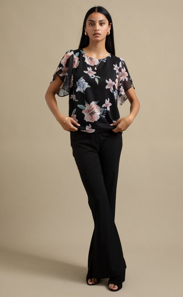 Printed Chiffon Tulip Sleeve Top Black/floral