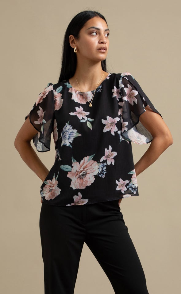 Printed Chiffon Tulip Sleeve Top Black/floral