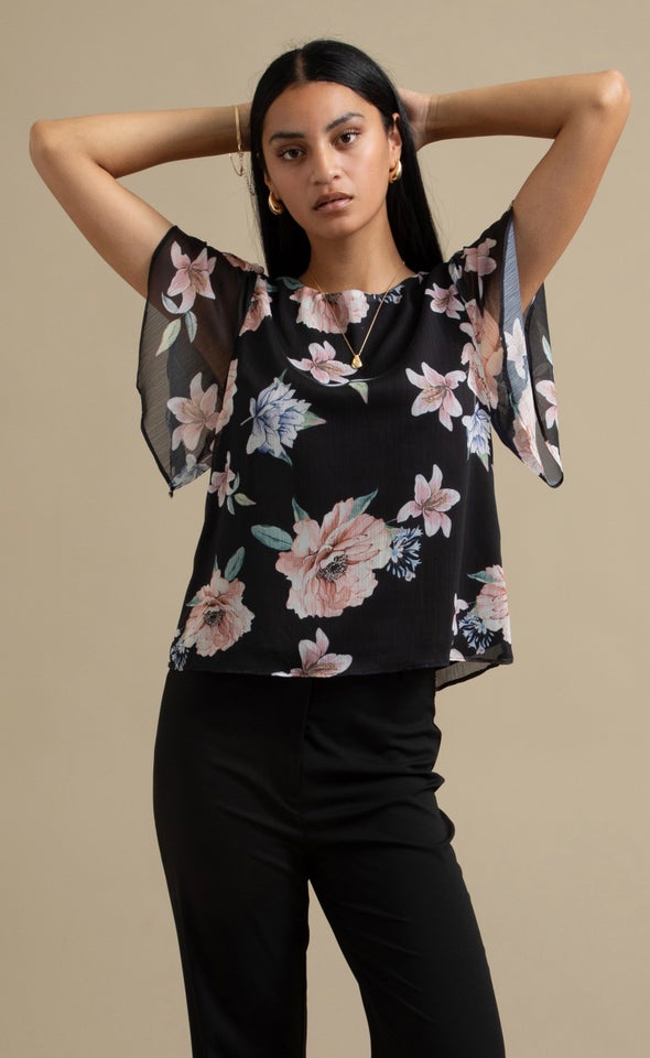 Printed Chiffon Tulip Sleeve Top Black/floral