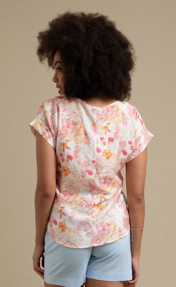 Printed Cuff Detail Tee Peach Floral