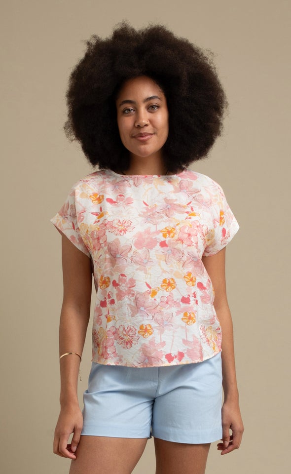 Printed Cuff Detail Tee Peach Floral