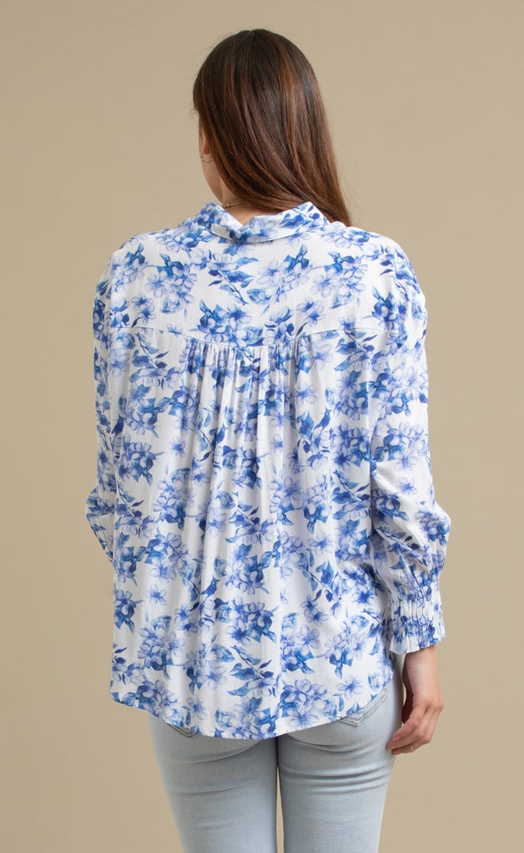 Printed Gathered Sleeve Shirt Cream/blue