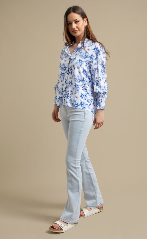 Printed Gathered Sleeve Shirt Cream/blue