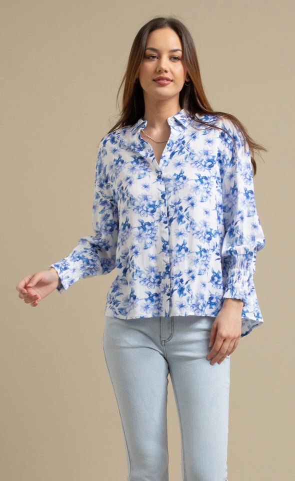 Printed Gathered Sleeve Shirt Cream/blue