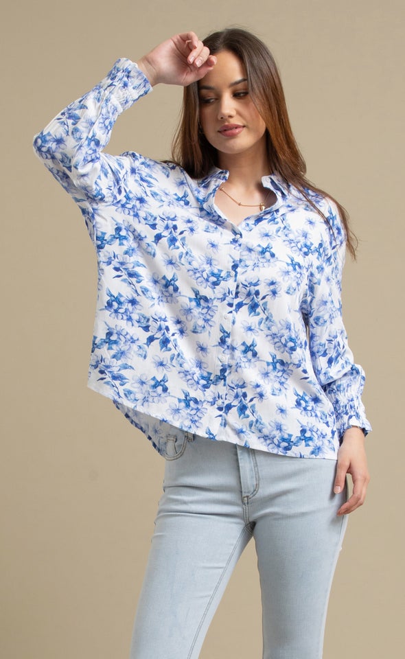 Printed Gathered Sleeve Shirt Cream/blue