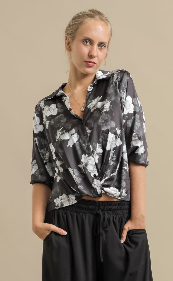 Printed Knot Front Shirt Black/floral