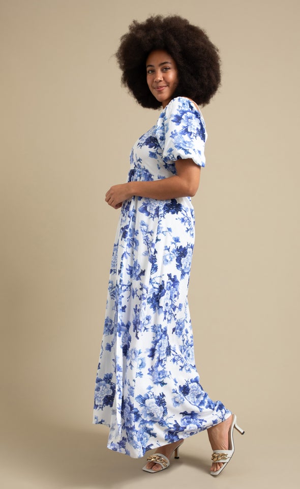 Printed Linen Look Sleeve Maxi White/blue