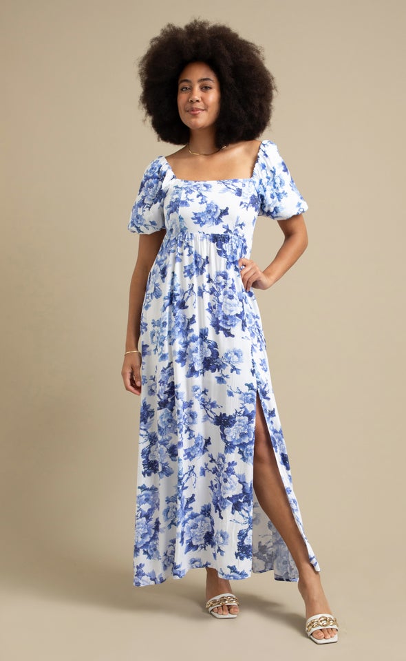 Printed Linen Look Sleeve Maxi White/blue