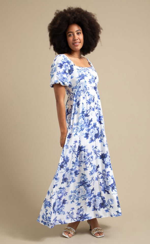 Printed Linen Look Sleeve Maxi White/blue