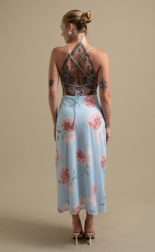 Printed Mesh Cross Back Dress Blue/floral