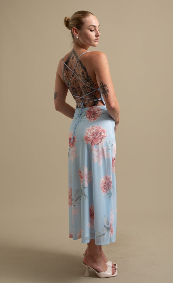 Printed Mesh Cross Back Dress Blue/floral