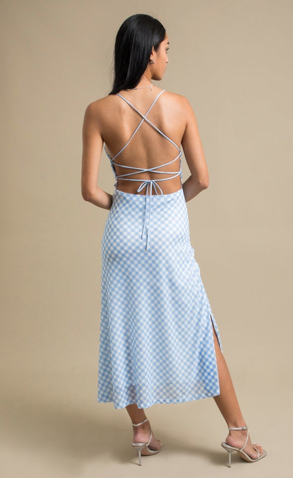 Printed Mesh Cross Back Dress Blue/gingham