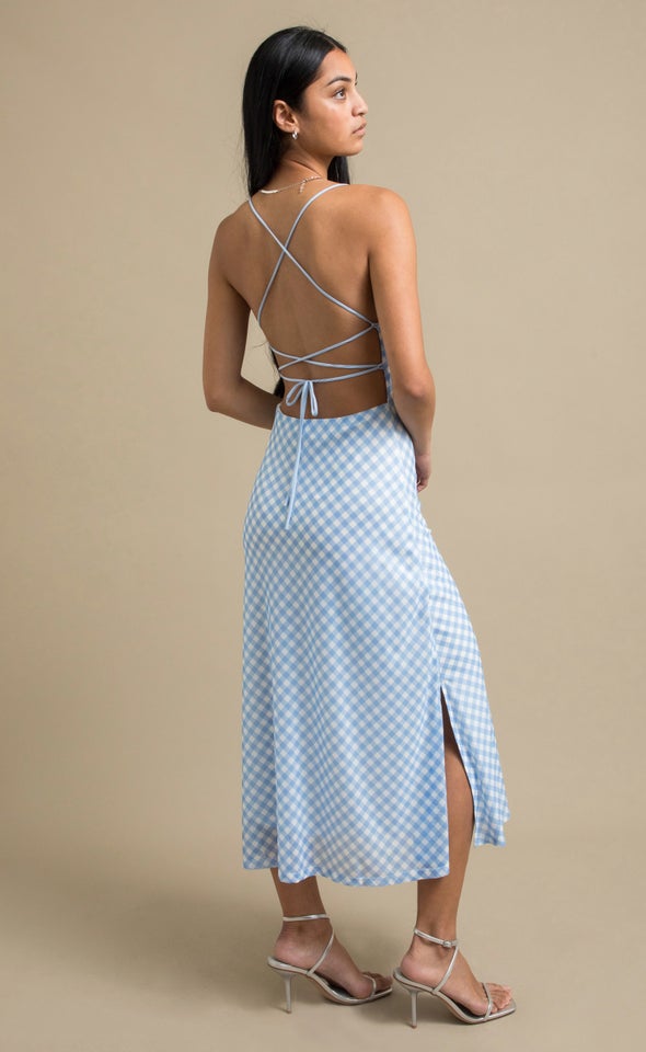 Printed Mesh Cross Back Dress Blue/gingham