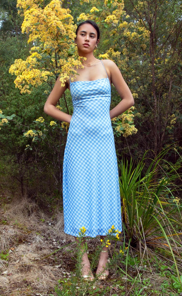 Printed Mesh Cross Back Dress Blue/gingham