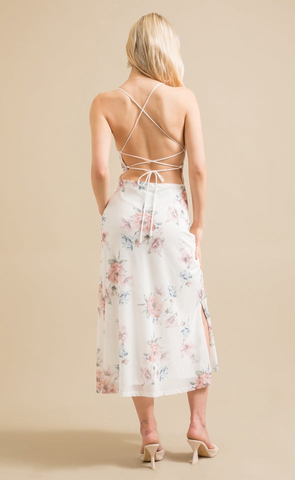 Printed Mesh Cross Back Dress Cream/blush Floral