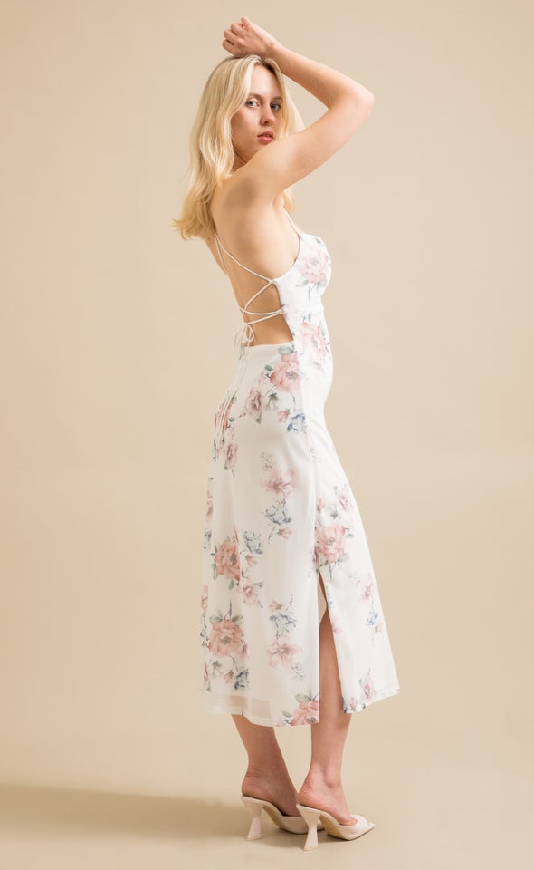 Printed Mesh Cross Back Dress Cream/blush Floral