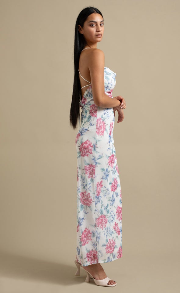 Printed Mesh Open Back Gown Cream/floral