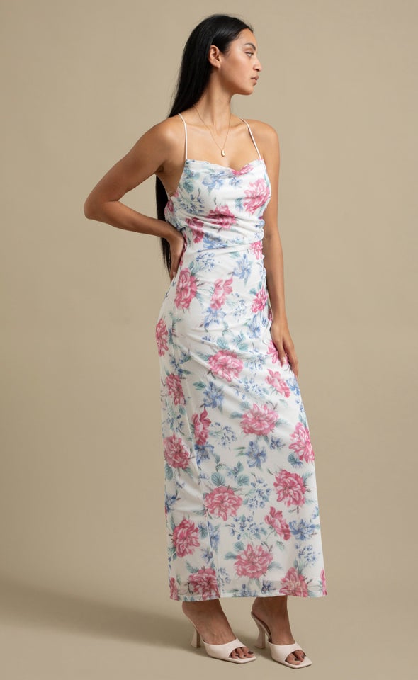 Printed Mesh Open Back Gown Cream/floral