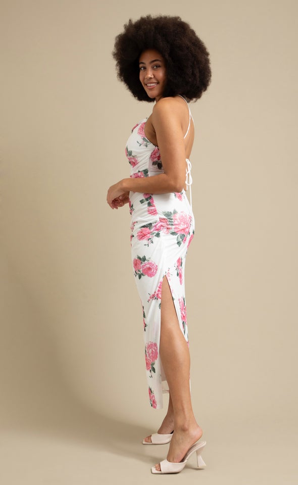 Printed Mesh Open Back Gown Cream/pink Floral